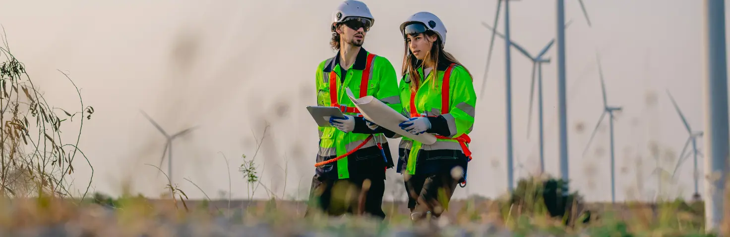 Industriestrom aus erneuerbaren Energien: Technikerin und Techniker warten eine Windkraftanlage auf einem blühenden Feld.