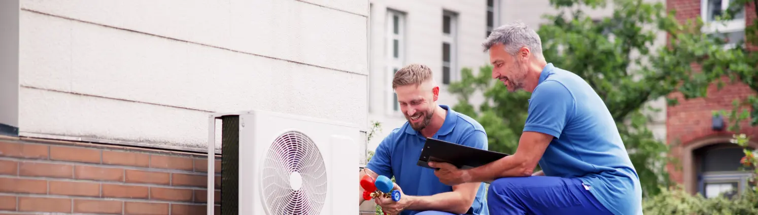 Zwei Techniker installieren eine Wärmepumpe im Hof.