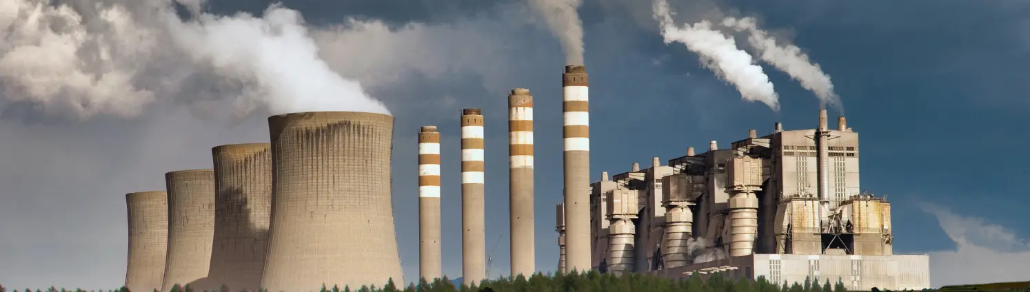 Ein Industriekraftwerk mit mehreren Schornsteinen und Kühltürmen, aus denen Rauch austritt, im Vordergrund ein grünes Feld.