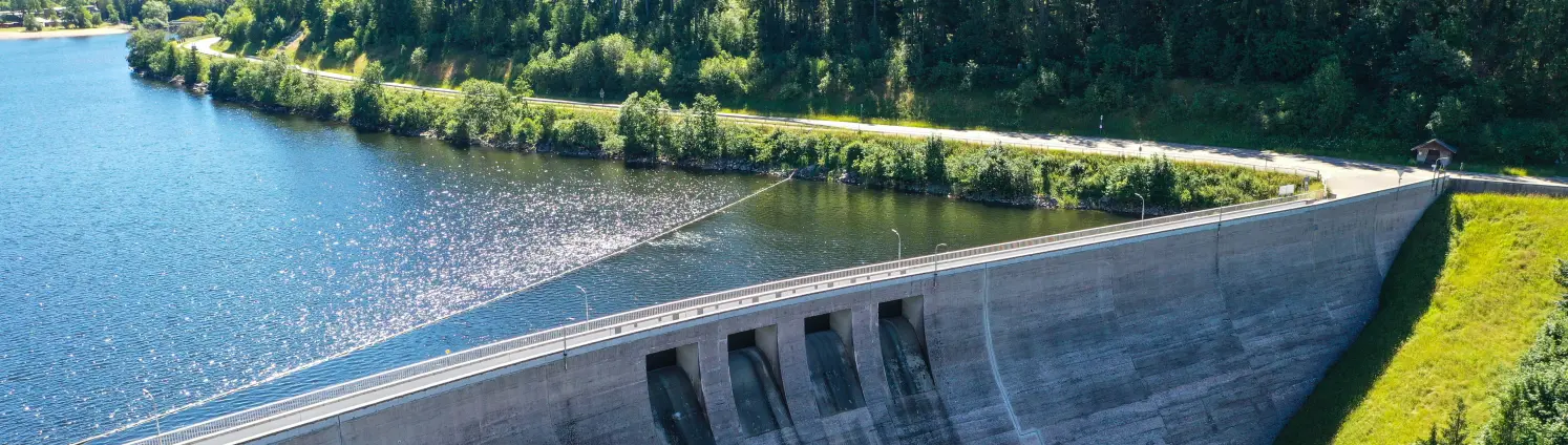 Ein Stausee mit Staumauer und Wasserkraftwerk umgeben von Wäldern.