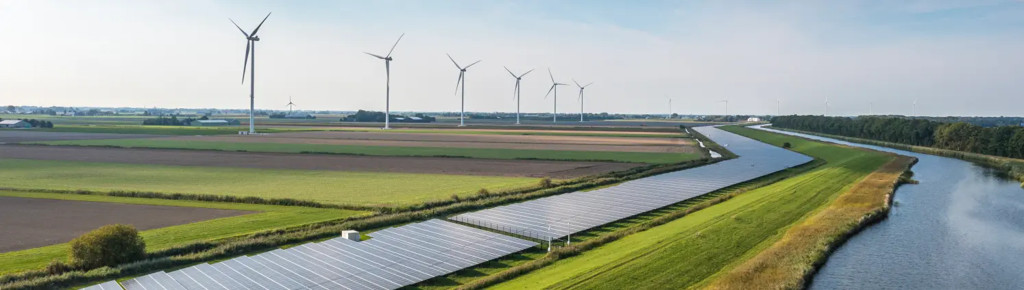 Windräder und Solaranlagen auf Feldern am Fluss.