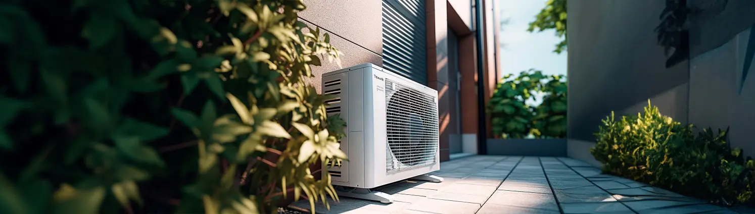 Eine Wärmepumpe vor einem Haus in der Sonne