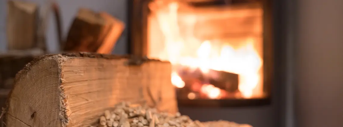 Holzeischeit und Holzpellets vor einem Kamin