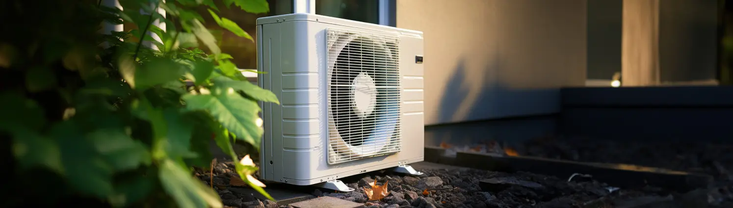 Grünpflanze neben einer Wärmepumpe an der Hauswand.