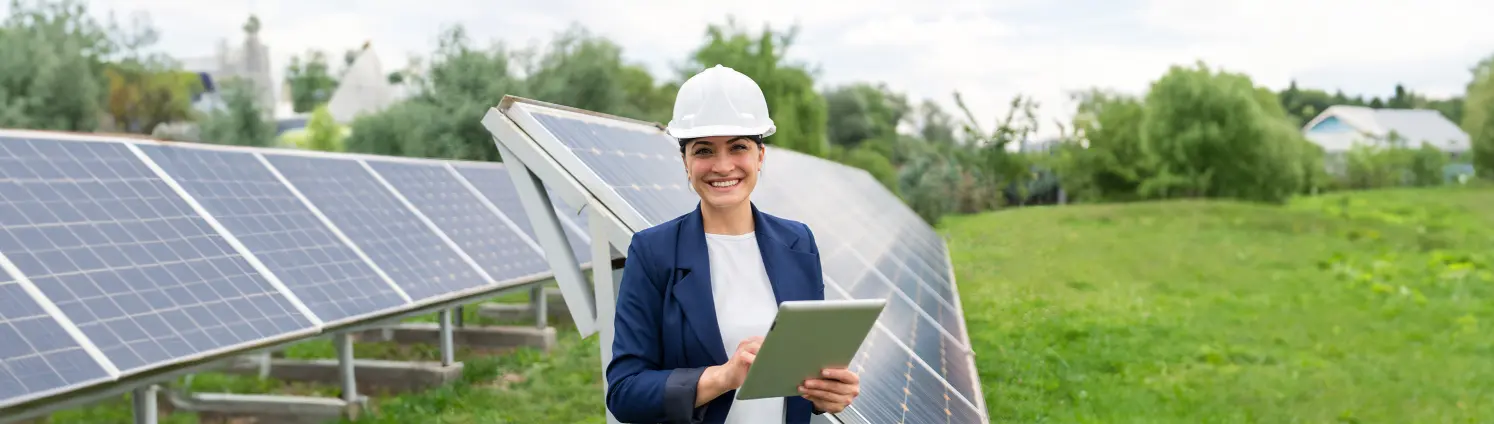 Frau mit weißem Helm und Tablet vor Solarmodulen in der Natur