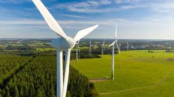 Windräder stehen auf einer grünen Wiesen vor Wald und blauem Himmel