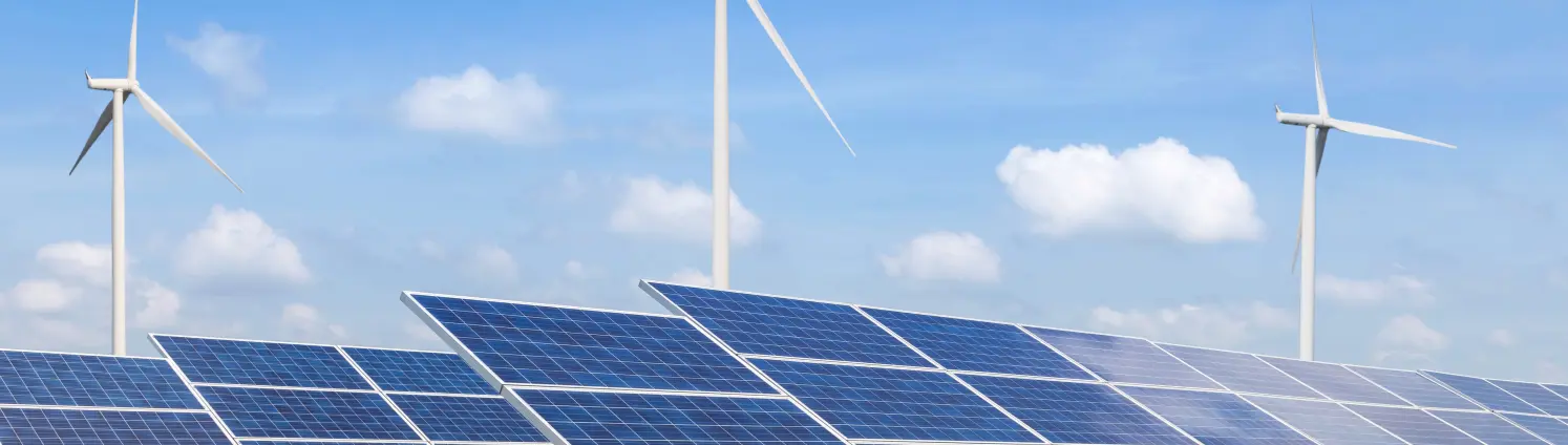 Solarmodule auf einer grünen Wiese, dahinter Windräder vor blauem Himmel